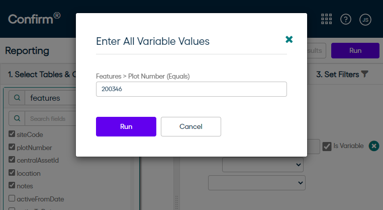 This screen displays displayes prompt to user for the entities which are set as variables before running report.
